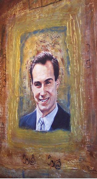 "The Good One" "The Good One", Mixed Media, Oil on Canvas (Original Size 48" x 36"), print of original Bernard Sarfran oil painting of the Aga Khan transposed onto canvas. Sides of canvas carry the attributes "The Generous", "Light", "The Majestic" and "One who is Good" in either a West African Script or Arabic. Painting by Hawa, 2004, private collection
