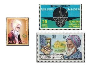 Stamps issued by Malawi (2008), Pakistan (1969) and Qatar (1971) in honour of Ibn al-Haytham