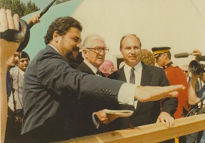 Foundation Laying Ceremony, 26 July 1982, the commencement of the Aga Khan's Silver Jubilee Mr. Freschi with His Highness the Aga Khan and the Honourable Henry Bell-Irving, Lieutenant-Governor General of British Columbia