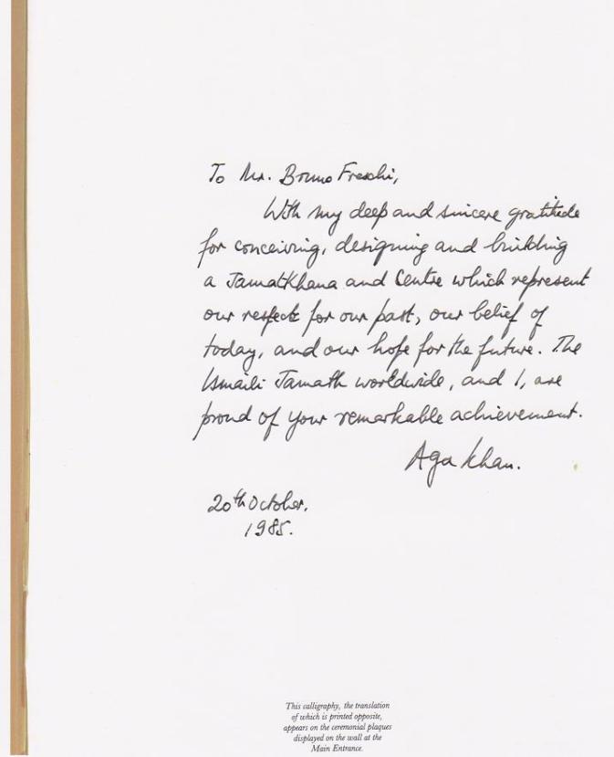 Aga Khan message to Bruno Freschi