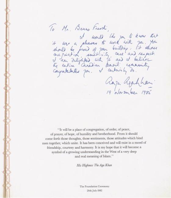 Ismaili Centre, Burnaby, Prince Amyn's signed note to Mr. Bruno Freschi. Prince Amyn Aga Khan's appreciation for Mr. Bruno Freschi's accomplishment. Message in the architect's personal volume of the Ismaili Centre Souvenir. Image: Bruno Freschi Collection, 1985