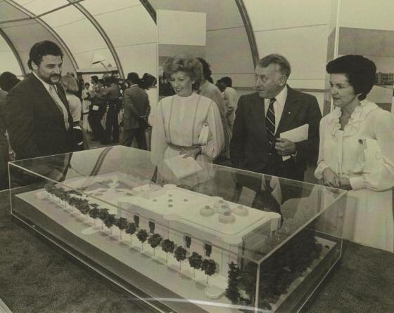 Model of the Ismaili Jamatkhana and Centre, Burnaby. Architect Bruno Freschi at the foundation ceremony with distinguished guests, being explained the model of the Jamatkhana