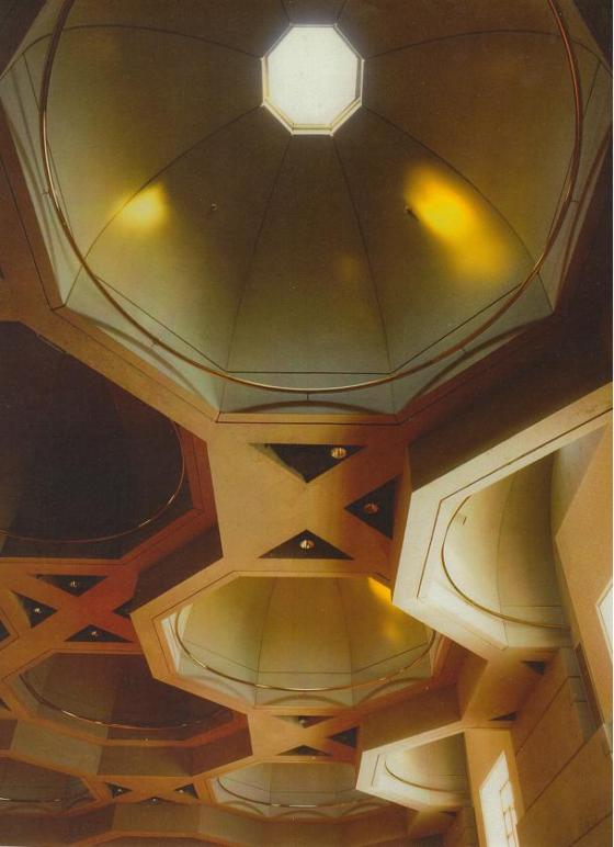Ismaili Jamatkhana and Centre, Burnaby: The domes as seen from inside of the prayer hall. Says Bruno Freschi: "Geometry governs the entire site, the building. It is symbolized in the octagon, the 'mythical squaring of the circle'. The Octagon is omni-directional. All axial relationships are equal providing an open and non-hierarchical circulation: The centre is everywhere, and everyone is in the centre."