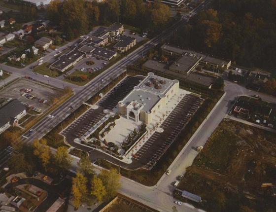 Ismaili Jamatkhana and Centre, Bird's View, 1985 Ismaili Jamatkhana and Centre, Burnaby, Bird's View, 1985. The surronding area is now significantly different with new residential and commercial development. The picture provides a view of the five copper domes on the roof of the building.