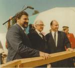 Ismaili Jamatkhana and Centre, Foundation Ceremony, July 26 1982 Bruno Freschi (left) with Honourable Henry Bell-Irving and His Highness the Aga Khan. The Aga Khan in his speech said: "The new building will face stand in strongly landscaped surroundings. It will face a courtyard with fountains and a garden. Its scale, its proportions and the use of water will serve to create a serene and contemplative environment. This will be a place of congregation, of order, of peace, of prayer, of hope, of humility, and of brotherhood. From it should come forth those thoughts, those sentiments, those attitudes which bind men together and which unite."