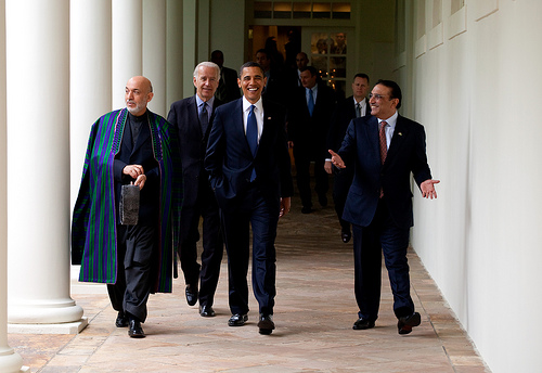 The three Presidents walk along the Colonnade following a US-Afghan-PakistanTrilateral meeting in Cabinet Room. White House Photo by Pete Souza