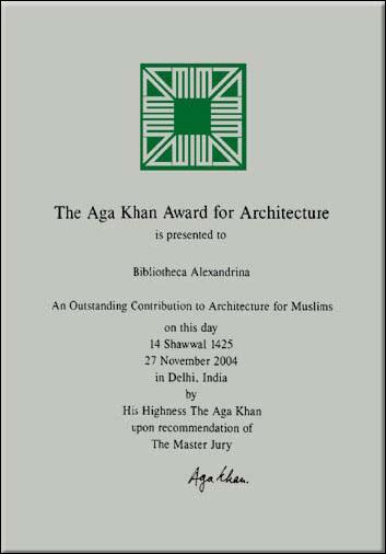 The Aga Khan Award for Architecture Citation to Library of Alexandria, the Bibliotheca Alexandrina, Egypt The Aga Khan Award for Architeture Logo is featured in this Citation. The Library of Alexandria was one of the recipients of the Aga Khan Award in 2004.