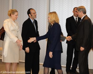 Prince Hussain Aga Khan and his wife, Princess Khaliya Aga Khan, greeting Canada's Prime Minister, Stephen Harper, and his wife, Laureen, as they arrive for the opening of the Delegation of the Ismaili Imamat Buiding in Ottawa on December 6, 2008. Photo © John MacDonald