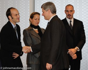 Prince Hussain greeting Canada's Prime Minsiter, Stephen Harper,  while his sister, Princess Zahra Aga Khan, and brother, Prince Rahim Aga Khan, look on. Photo © John MacDonald