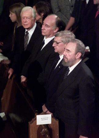 Dignitaries at the Trudeau funeral Former President Carter, His Highness the Aga Khan, Former Canadian Governor General Romeo Le-Blanc and President Castro attend the state funeral for former Canadian Prime Minister Pierre Trudeau in Montreal on October 3, 2000