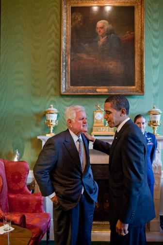 President Obama Alone with Senator Kennedy President Barack Obama talks alone with Sen. Edward Kennedy in the Green Room of the White House March 5, 2009. White House Photo, Pete Souza