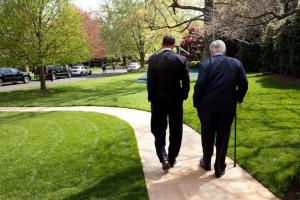 Obama and Kennedy Walk President Barack Obama and Sen. Ted Kennedy walk down the South Lawn sidewalk at the White House April 21, 2009. White House Photo: Pete Souza