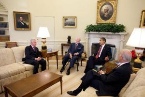 President Obama, Senator Kennedy and former President Clinton President Barack Obama meets with former President Bill Clinton, Sen. Ted Kennedy and Vice President Joe Biden in the Oval Office April 21, 2009. White House Photo, Chuck Kennedy