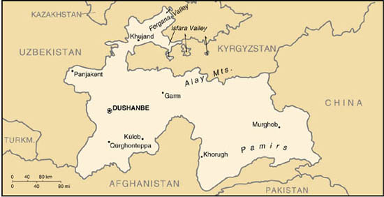 Map of Tajikistan. Courtesy Perry-Castañeda Library Map Collection, www.lib.utexas.edu/maps/
