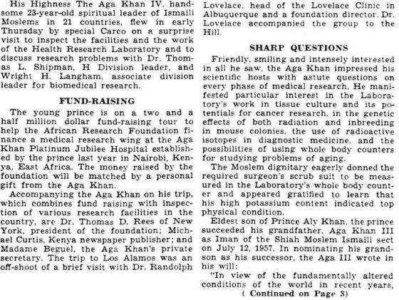 Aga Khan IV Los Alamos Lab Visit News Report page 1 Aga Khan IV Los Alamos Lab Visit News Report page 1