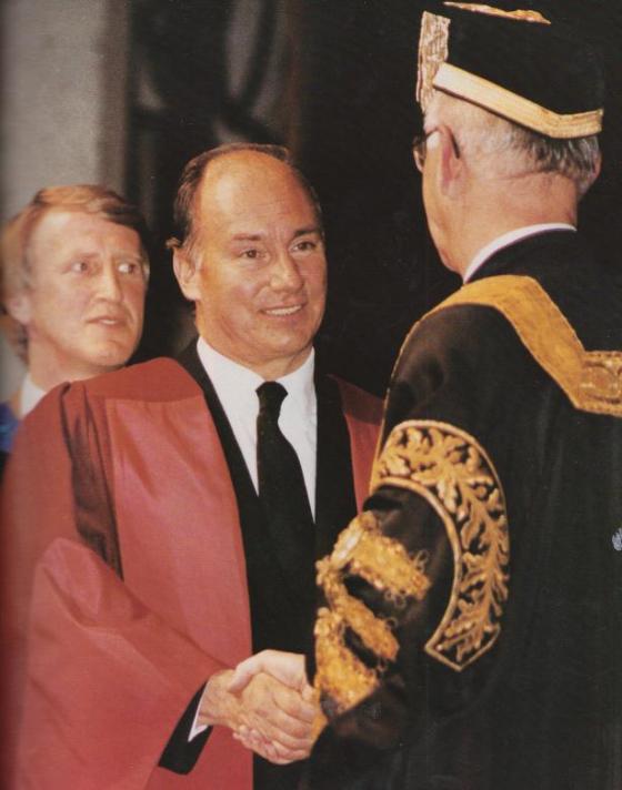 Aga Khan IV, 49th Ismaili Imam, being conferred an Hon Degree by McMaster Univeristy, in 1987