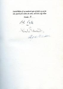 Page of a limited edition book featuring signatures of the author R. C. Lyle, the artist Lionel Edwards, and His Highness the Aga Khan III, with the text indicating it's number 81.