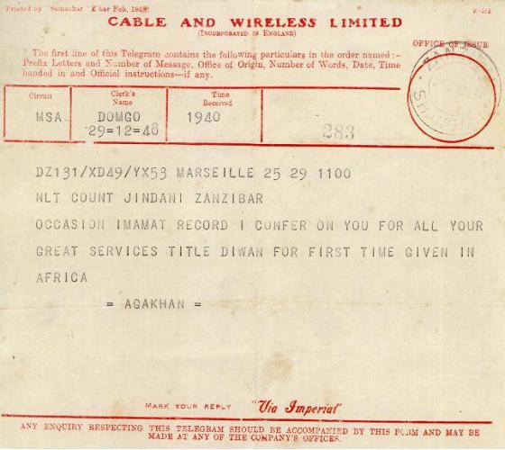 Telegram of Imam Sultan Muhammad Shah, Aga Khan III, conferring the title of Diwan to Count Jindani
