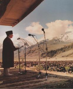 His Highness the Aga Khan or Mawlana Hazar Imam is seen addressing his followers in Ishkashim, Badakhshan, during his first historic visit to the region in 1995. 