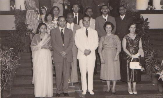 His Highness the Aga Khan, in front row in white suit, seen with leaders and teachers of the Lourenço Marques during his 1958 visit to Portuguese East Africa