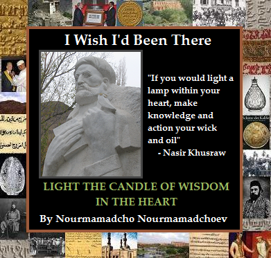 A colorful poster featuring a statue of Nasir Khusraw alongside a quote about wisdom. The design includes images related to Ismaili history surrounding the central theme.