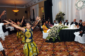 His Highness the Aga Khan watching a traditional dance during his Golden Jubilee visit to Tanzania.