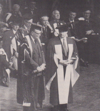 November 1, 1983: His Highness the Aga Khan, 49th Shia Ismaili Imam, with Mcgill University's Chancellor Conrad Hernington at the University's Convocation held at Place des Arts in Montreal, PQ, Canada.