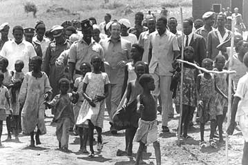 UN High Commissioner for Refugees, Sadruddin Aga Khan, and Abel Alier, President of the Provisional High Executive council of the South Sudan visit the village of Kajo Kaji, South Sudan. Photo Credit: UN Photo/1972