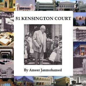 A historic image featuring a man interacting with children at 51 Kensington Court, framed by a backdrop of various architectural designs of Jamatkhanas.