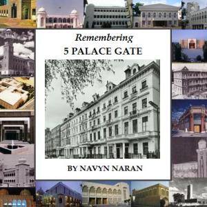 "Jamatkhana - A Place of Spiritual and Social Convergence." A book cover titled 'Remembering 5 Palace Gate' by Navyn Naran, featuring a central black and white image of a historical building with a decorative border of various architectural images.