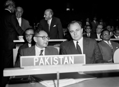 Photo taken at the opening on 15th September 1959 of the 14th session of the United Nations General Assembly. Seated at the head of the delegation of Pakistan is Mr. Manzur Qadir, then Minister for Foreign Affairs. At right is Prince Amyn Aga Khan's father, the late Prince Aly Khan, Permanent Representative to the United Nations. Photo: United Nations Photo Library. Please click for article.