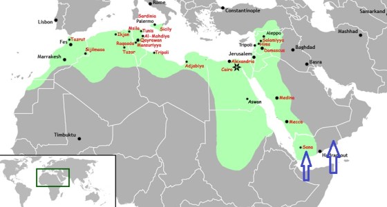 Shaded in green, the Fatimid Caliphate at its height. Yaman (Yemen) is shown by blue arrows. The Ismaili dawa'h in India originated in Yaman, when the Fatimid Empire was not yet established. Click on map for enlargement.