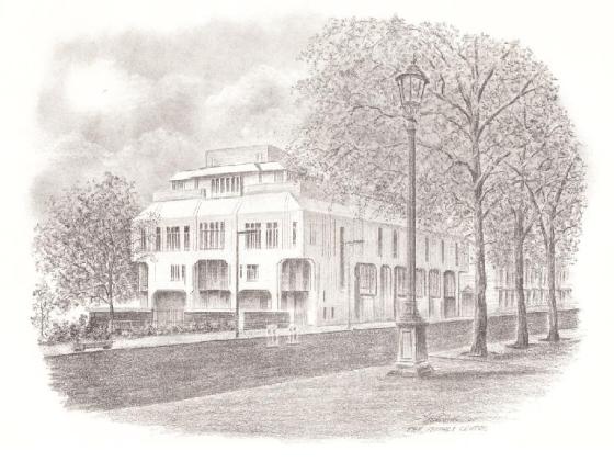A sketch of the modern Ismaili Centre at Cromwell Gardens in South Kensingon, London, as depicted on invitation cards distributed in 1985. The Centre is the focal point of the Ismaili community in the UK  and was opened on April 24, 1985 Baroness Margaret in the presence of His Highness the Aga Khan.