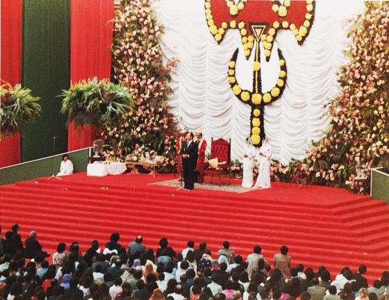 Mawlana Hazar Imam amongst the UK Jamat in London Olympia in 1979. Photo: Jehangir Merchant collection.