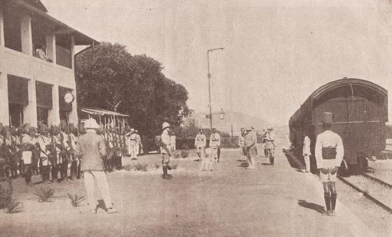 His Highness the Aga Khan III receives a salute from the Guard of Honour in Dodoma before he takes the train to Dar-es-Salaam