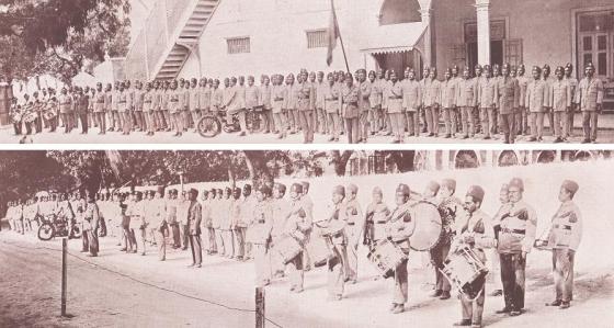 Two panoramic photos of the Ismaili Volunteer Corps of Bombay. 'The Ismaili' caption says: "....the Aga Khan's volunteer corps of Bombay are rendering yeomen service to the community. Their selfless and often thankless task consists of keeping good order and proper management on the auspicious occasions of Mawlana Hazar Imam's Blessed visits to Jamatkhanas, Hasanabad and other Ismaili Places of Bombay and suburbs. The community is grateful to these young Ismaili stalwarts who are often on duty at great personal inconvenience and even business consideration are made subordinate to the call of duty." Photo: Sadruddin Khimani Family Collection, Vancouver, Canada.