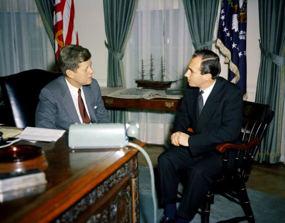 President John F. Kennedy addressed the Canadian Parliament in 1961. Here he is seen meeting with His Highness the Aga Khan, Prince Karim al-Husseini, at the Oval Office, White House, on March 14, 1961. The Ismaili Imam had first met the President in France some six years earlier. Photo: Robert L. Knudsen (Robert LeRoy), 1929-1989.