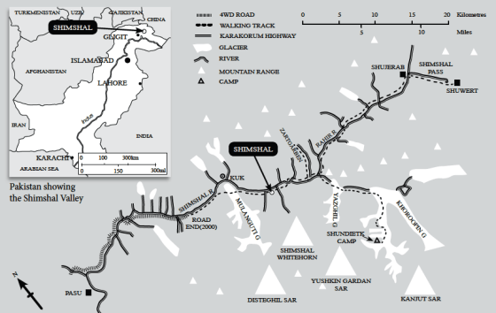 Map of Shimshal Valley, with inset showing its location in Pakistan. Please click to enlarge. Copyright. Pam Henson.