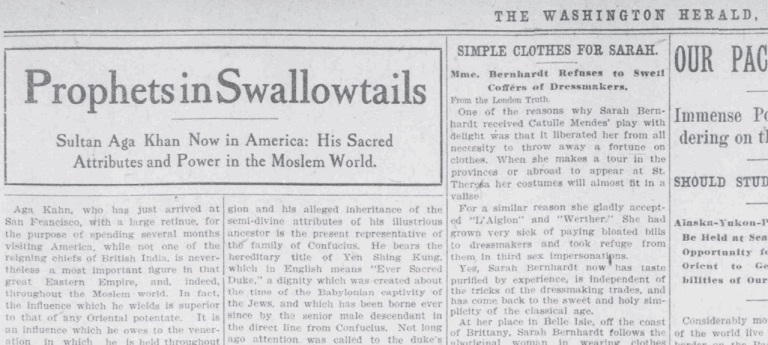 Clip of page from the Washington Herald dated January 27, 1907 containing article on His Highness the Aga Khan. Please click on image to read accounts of both USA and East Africa visits.
