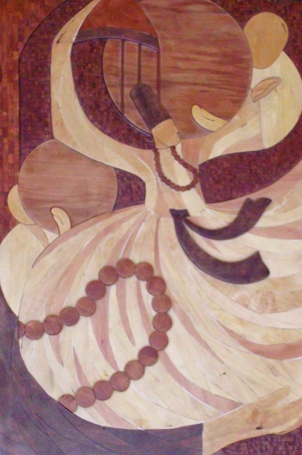 A Turkish painting of a whirling dervish. The tasbih or the rosary which is not strictly a part of the robe worn by the whirling dervish, depicts the importance of the repetition of God or the utterance of a certain religious formula, such as the profession of faith: “There is no God but Allah and Muhammad is his prophet.”  Phooto: Navyn Naran Collection. 