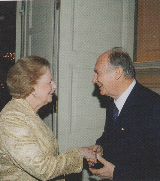 His Highness the Aga Khan, 49th Ismaili Imam and direct descendant of the Prophet Muhammad, warmly greeting Baroness Margaret Thatcher at the banquet hosted by His Highness in London on July 3, 2008 during his Golden Jubilee Celebrations. Photo: Mawlana Hazar Imam Shah Karim Al Hussani Aga Khan, Golden Jubilee Souvenir, published by Islamic Publications Limited. 2012. Copyright.