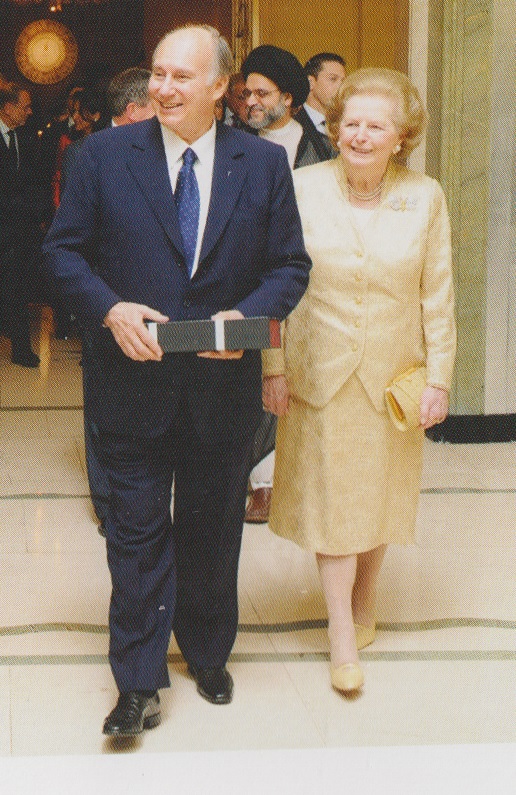 His Highness the Aga Khan, 49th Ismaili Imam and direct descendant of the Prophet Muhammad, with Baroness Margaret Thatcher at the banquet hosted by His Highness in London on July 3, 2008 during his Golden Jubilee Celebrations. Baroness Thatcher addressed the Canadian Parliament in1988 as Prime Minister of Great Britian. Photo: Mawlana Hazar Imam Shah Karim Al Hussaini Aga Khan, Golden Jubilee Souvenir, published by Islamic Publications Limited. 2012. Copyright.