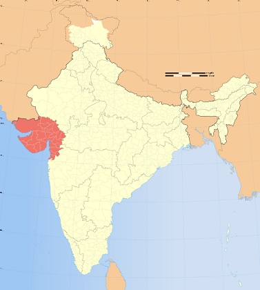 Location of Gujarat (shaded red) in India. Map credit: Wikipedia.