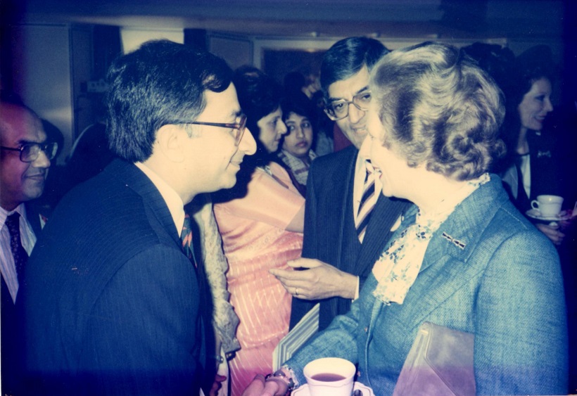 Farouk Verjee, left, with Baroness Margaret Thatcher (1925 - 2013) at the opening of the iconic Ismaili Centre in London, England, on April 24, 1985. Looking on in the centre is Anil Ishani, then President of the Ismaili Council for the UK. Photo: Farouk Verjee Collection, Vancouver, Canada.