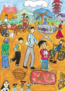 My father cleared his throat and asked, “How much are the oranges?”. Illustration by Natalie Chin.