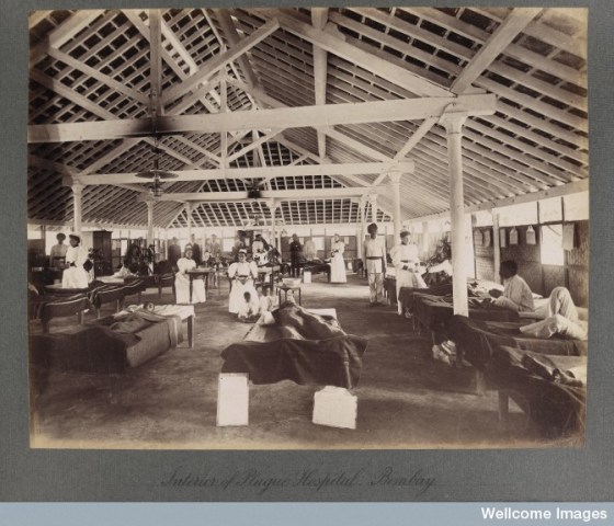 Interior of a temporary hospital for plague victims, Bombay plague epidemic, 1896-1897 Photo Credit: Wellcome Library, London. Wellcome Images
