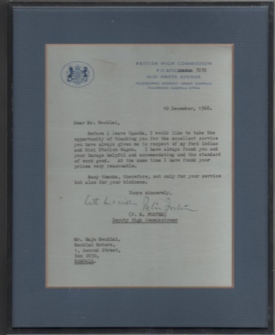 A letter from the British High Commission commending the work of the Meckali family garage in Uganda. Photo: Rajabali Meckali Family Collection.