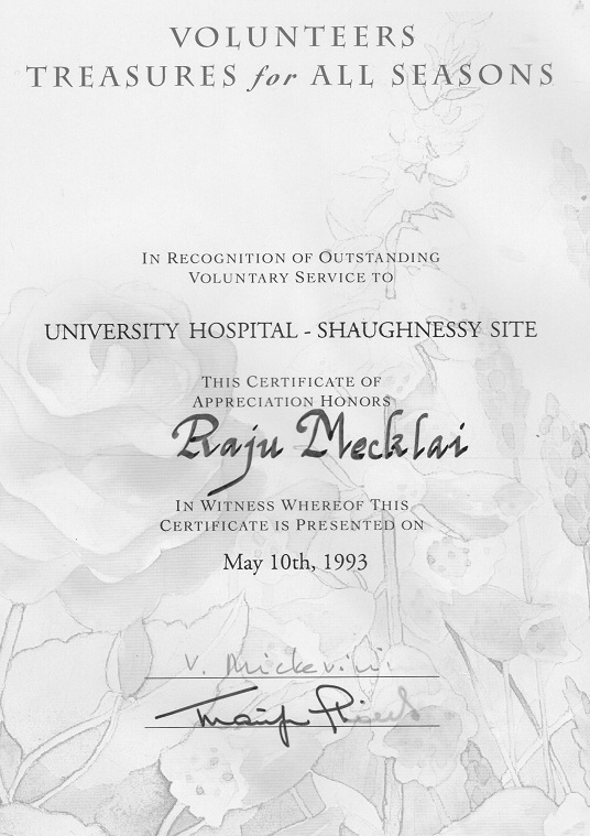 Rajabali Mecklai's Volunteers Treasure for All Seasons Certificate. Photo: Rajabali Mecklai Family Collection