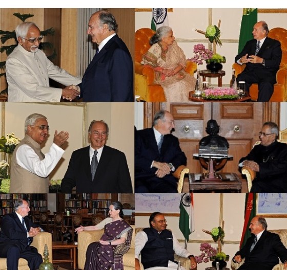 His Highness the Aga Khan with Indian leaders during his visit to the country in September 2013. Clockwise (from top left) the Honourable Vice President of India, Mohammad Hamid Ansari; Shrimati Chandresh Kumari Katoch, India's Minister of Culture; His Excellency the Honourable Pranab Mukherjee, President of India; The Honourable Arun Jaitley, Leader of the Opposition in the Rajya Sabha (upper house) of India; Sonia Gandhi, Chairperson of the United Progressive Alliance; the Honourable Salman Khurshid, External Affairs Minister of India, Photos: AKDN/Gary Otte