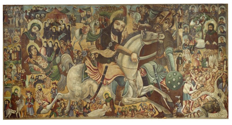 This image of an oil on canvas painting by Abbas Al-Musavi commemorates the martyrdom of Imam Hussein at the Battle of Karbala. Its focus is his half-brother Abbas ibn Ali on a white horse. This image was uploaded into Wikipedia Commons as a donation by the Brooklyn Museum and is a faithful photographic reproduction of a two-dimensional, public domain work of art. The painting is a gift of K. Thomas Elghanayan in honor of Nourollah Elghanayan.